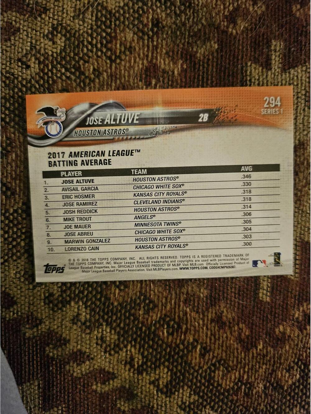 Jose Altuve - 2018 Topps - batting leader #294 - RAW Mint - Picture 2 of 2